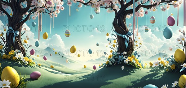 Surreal Easter scene with floating eggs, ribbons, and flowers in a dreamlike, whimsical composition