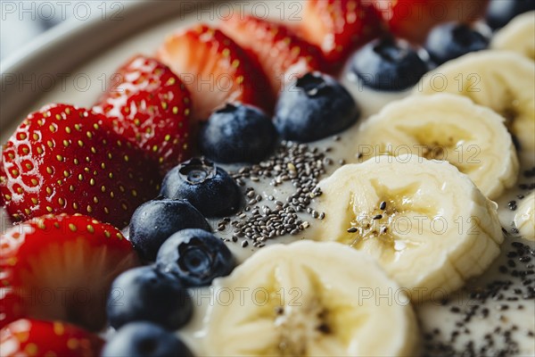 Close up of healthy breakfast bowl with yoghurt, chia seeds and fresh strawberry, blackberry and