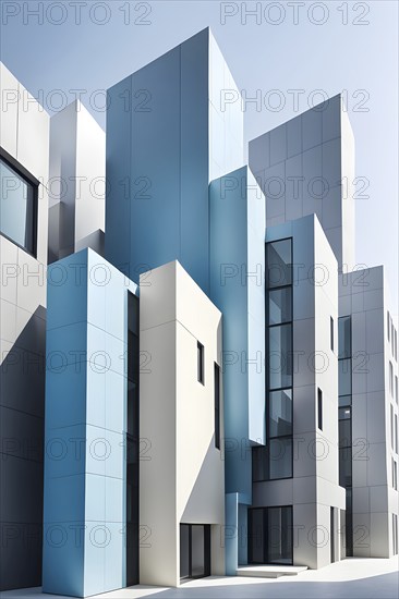Minimalist architectural composition of modern buildings, with clean angles, rendered in geometric