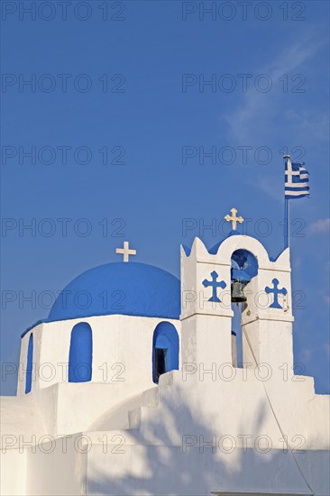 Dome and bell tower of a church in Parikia, Paros, Cyclades, Greece, Europe