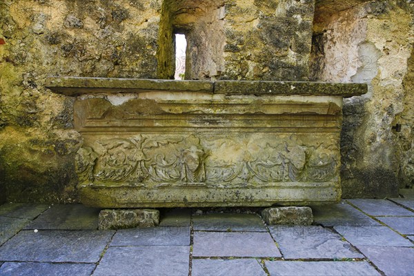 Stone trough, relief, Lichtenstein Castle, fairytale castle of Württemberg, historicist building,