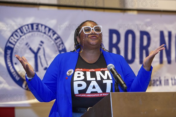 Chicago, Illinois, Angela Bonilla of the Portland Association of Teachers speaks at the 2024 Labor