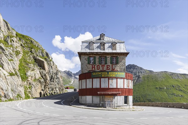 Hotel Belvédère on the Furka, the most famous pass hotel in the world. The building is closed and