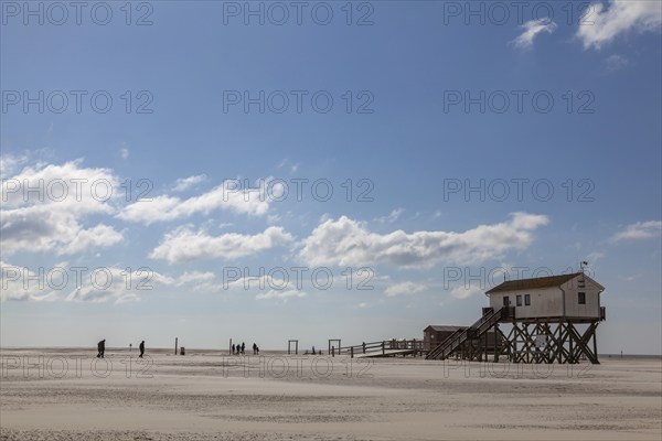 Pile dwelling on the beach, Sankt Peter-Ording, Eiderstedt, North Frisia, Schleswig-Holstein,