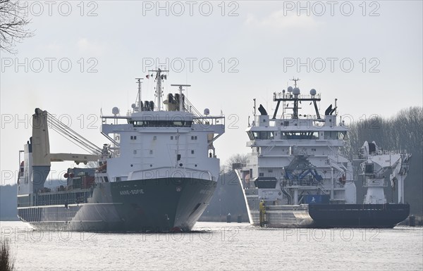 Offshore wind farm supply ship Deep Cygnus in the Kiel Canal, Schleswig-Holstein, Germany, Europe