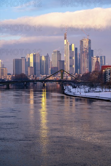 The skyline of Frankfurt am Main, skyscrapers of the banking district, Flößerbrücke, wintry