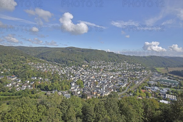 View from Nassau Castle to cityscape with Lahn valley and Westerwald, view downwards, aerial view,
