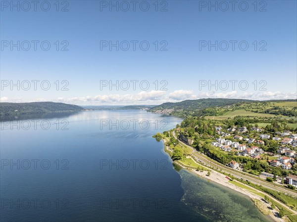 Aerial view of Lake Constance with the Landesgartenschaugelände and Uferpark, Goldbach, Überlingen,