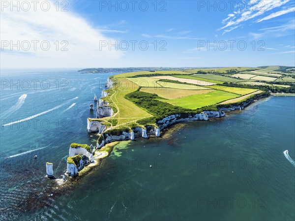 White Cliffs of Old Harry Rocks Jurassic Coast from a drone, Dorset Coast, Poole, England, United
