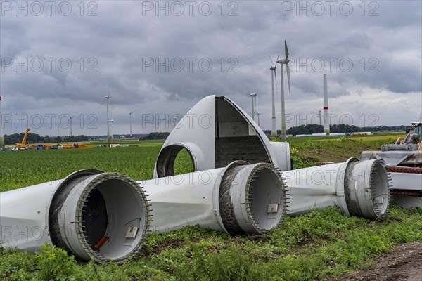 Repowering, dismantled Enercon E-58 wind turbine in a wind farm near Issum, 9 older wind turbines