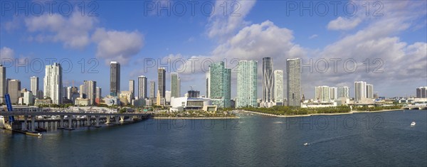 USA, Miami harbor panoramic skyline from cruise ship departing to Caribbean vacation, North America