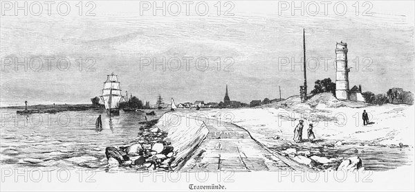 Lighthouse in the Travemünde district, Hanseatic city of Lübeck, Trave, city skyline, riverside
