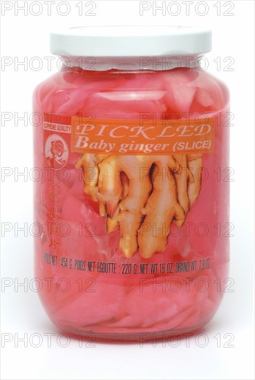 Sweet and sour pickled ginger from Korea, ginger slices in a jar