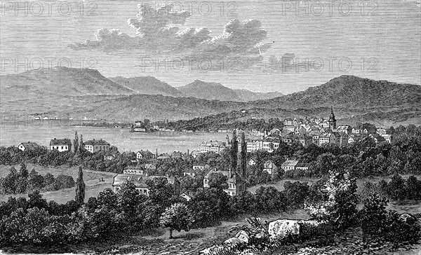 Gmunden in the Salzkammergut in Austria, in 1880, Historical, digital reproduction of an original