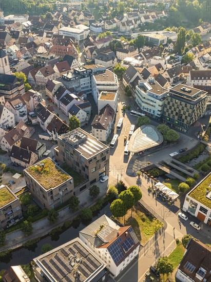 Aerial view of a cityscape with closely built houses, streets and modern buildings, Nagold, Black