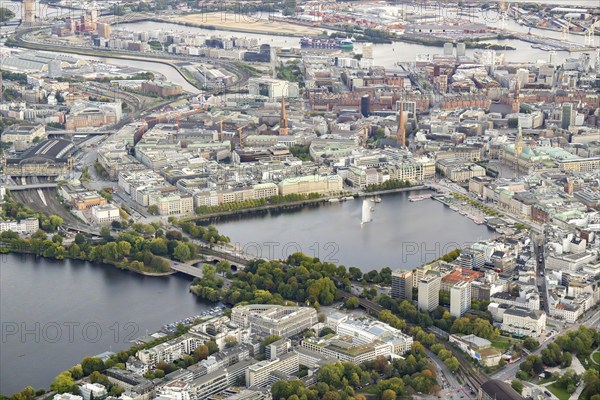 Aerial view of the Inner Alster and Outer Alster Lake with Jungfernstieg, City Hall, Speicherstadt