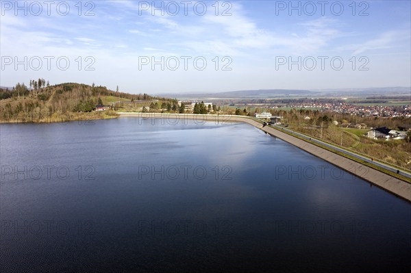 Dam of the Granetal dam. The dam has a capacity of 46.4 million cubic metres of water, Langelsheim,
