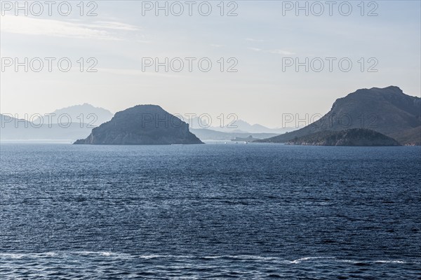Panorama, Coast with sea and mountains, Bay of Olbia, Sardinia, Italy, Europe