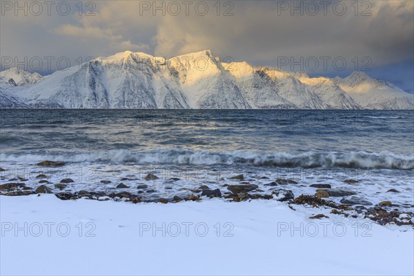 Snow-covered coast and mountains in the morning light, cloudy mood, sea, waves, Lyngen Alps,