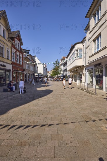 Pedestrian zone Lange Straße with retail shops in the city centre of Bad Salzuflen, Lippe district,