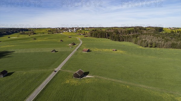 Aerial view of the foothills of the Alps near Mindelheim in spring, Allgäu, Bavaria, Germany,