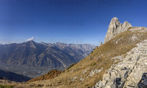 Pierre Avoi, view into the Rhone valley, rocky peak above Verbier, Valais, Switzerland, Europe