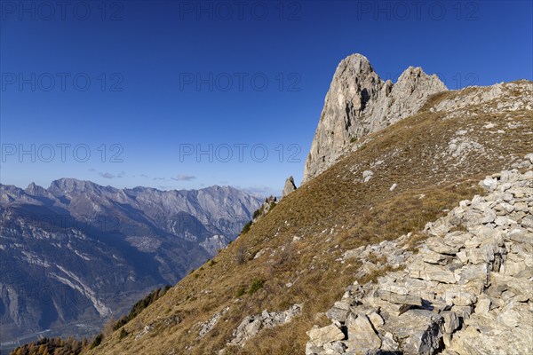 Pierre Avoi, view into the Rhone valley, rocky peak above Verbier, Valais, Switzerland, Europe