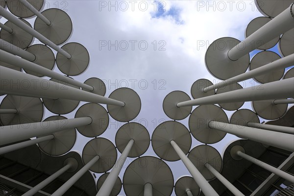 View upwards at the Sächsische Aufbaubank. Leipzig, Saxony, Germany, Europe