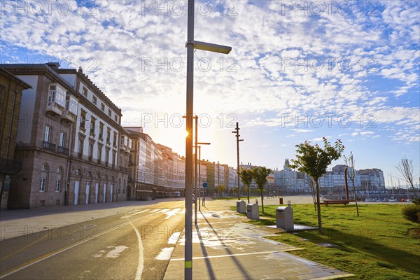 La Coruna facades near Port in Galicia of Spain