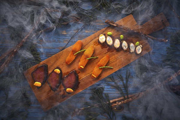Marinated tuna roe and octopus salted smoked Mediterranean style with seaweed