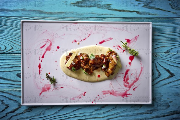 Lamb gizzard recipe on a cream modern cuisine presentation
