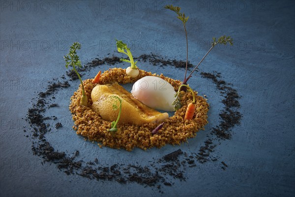 Eel recipe with eggs at low temperature foam and crispy as a round garden