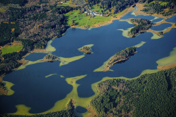 Aerial view, bird's eye view, Ostersee, Penzberg, Upper Bavaria, Bavaria, Germany, Europe