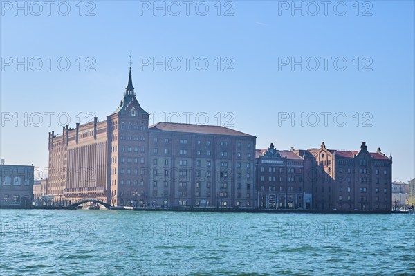 View from the water on Hilton Hotel beside the water in Venice on a sunny day in winter, Italy,