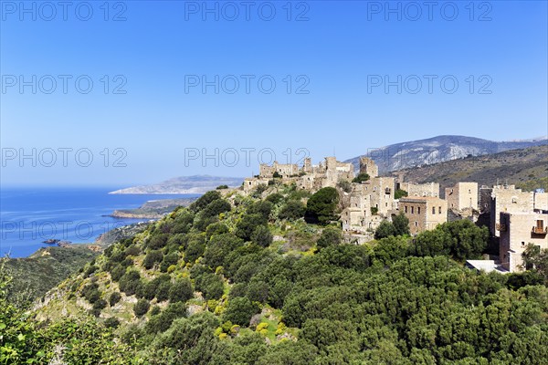 Picturesque residential towers with holiday flats and hotels, historic village of Vathia, view of