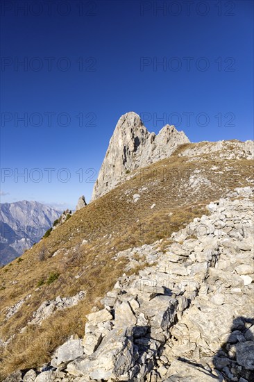 Pierre Avoi, view into the Rhone valley, rocky peak above Verbier, Valais, Switzerland, Europe