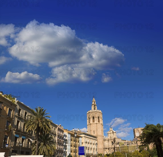 Valencia Plaza de la Reina square with Cathedral and Miguelete at Spain