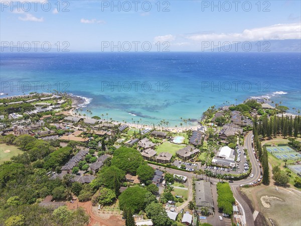 Aerial view of tropical destination with white sand and turquoise water. Kapalua coast in Maui,