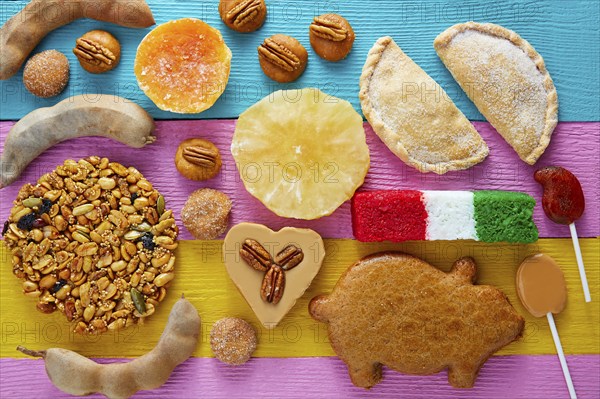 Mexican sweets and pastries cajeta tamarindo coconut flag Palanqueta puerquito