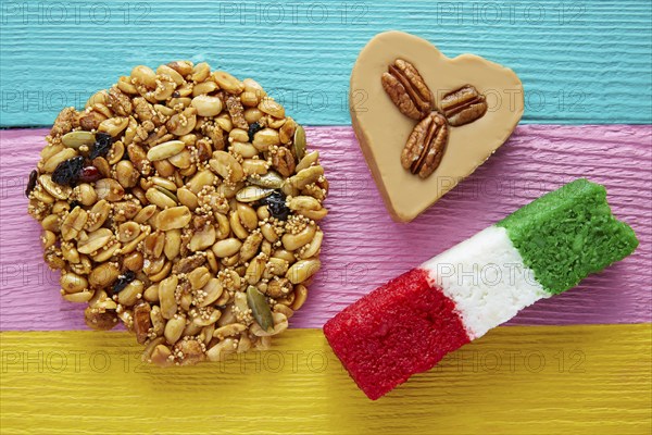 Mexican candy sweets Palanqueta cajeta heart and coconut flag