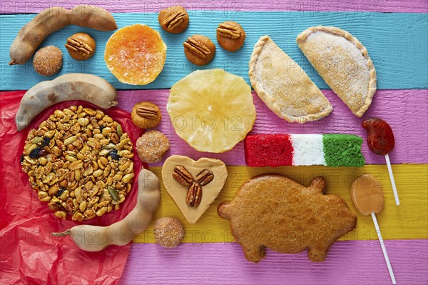 Mexican sweets and pastries cajeta tamarindo coconut flag Palanqueta puerquito