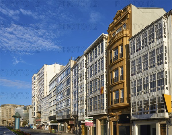 La Coruna facades near Port in Galicia of Spain