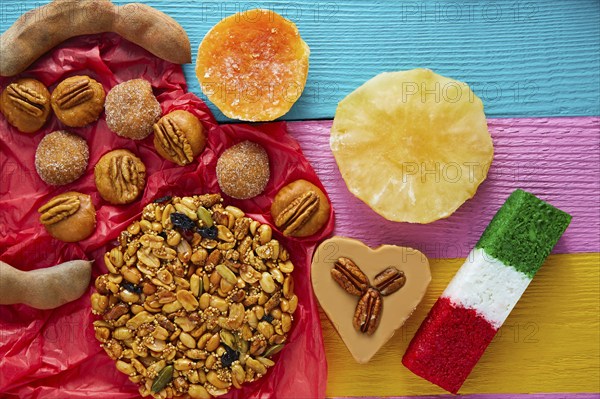Mexican sweets and pastries cajeta tamarindo coconut flag Palanqueta puerquito