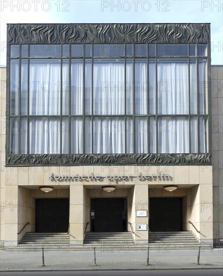 Berlin, Germany, 16 April 2021, Facade and main entrance of the Komische Oper in Behrenstraße,