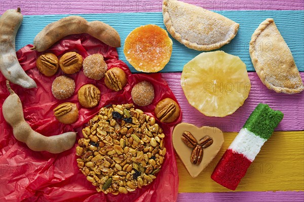 Mexican sweets and pastries cajeta tamarindo coconut flag Palanqueta puerquito