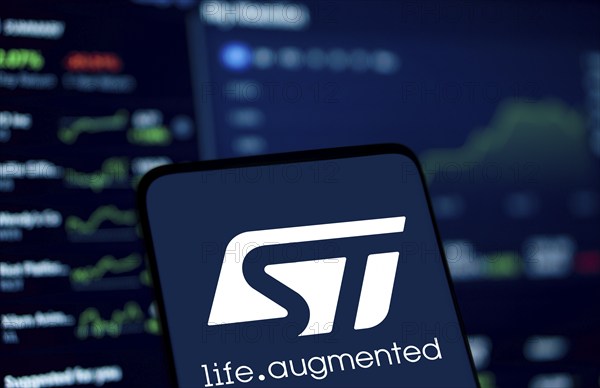 STMicroelectronics logo is displayed on smartphone. STMicroelectronics NV is a European