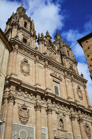 Salamanca Clerecia church and Casa Conchas shell house in Spain