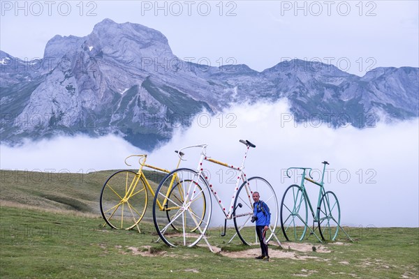 Giant bicycles tribute to the Tour, Col Aubisque, Aquitaine, French Pyrenees, France, Europe