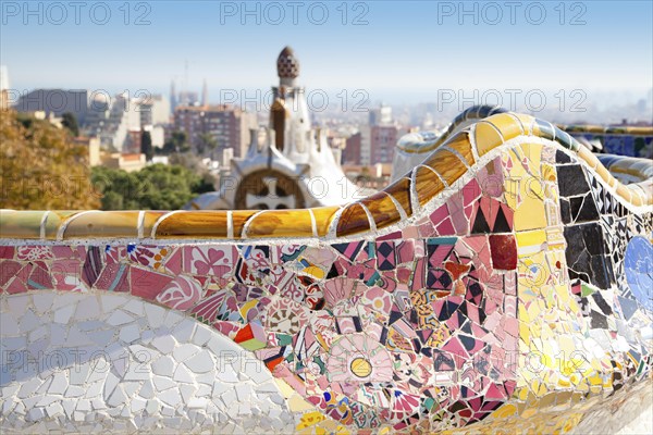 Barcelona Park Guell of Gaudi tiles mosaic serpentine bench modernism