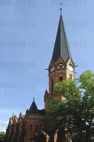 The Heilandskirche Leipzig Plagwitz in summer in bright sunshine. Saxony, Germany, Europe